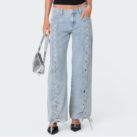 Edikted Jeans Womens S Light Blue Front Lace Up Low Rise Wide Leg Denim Pants - Picture 2 of 11
